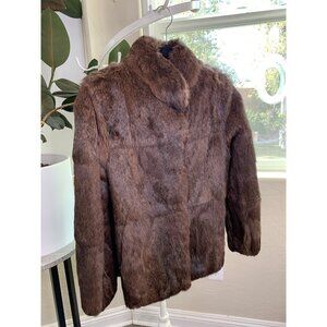 Genuine Vintage Rabbit Fur Brown Size S 6 Stand Collar Satin Lined Pockets 7019